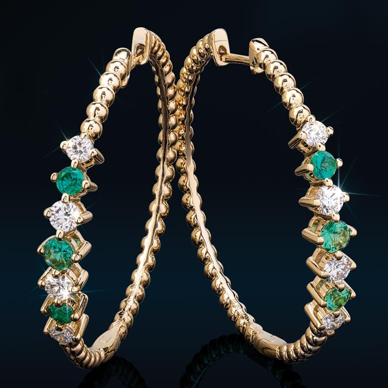 14K Yellow Gold Emerald and Diamond Earrings